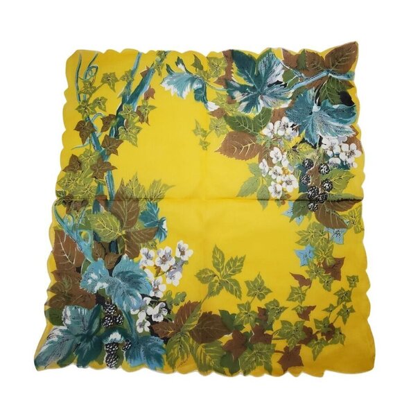 Accessories - Vintage Floral Handkerchief With Yellow & Green Botanical Print Scalloped Edge